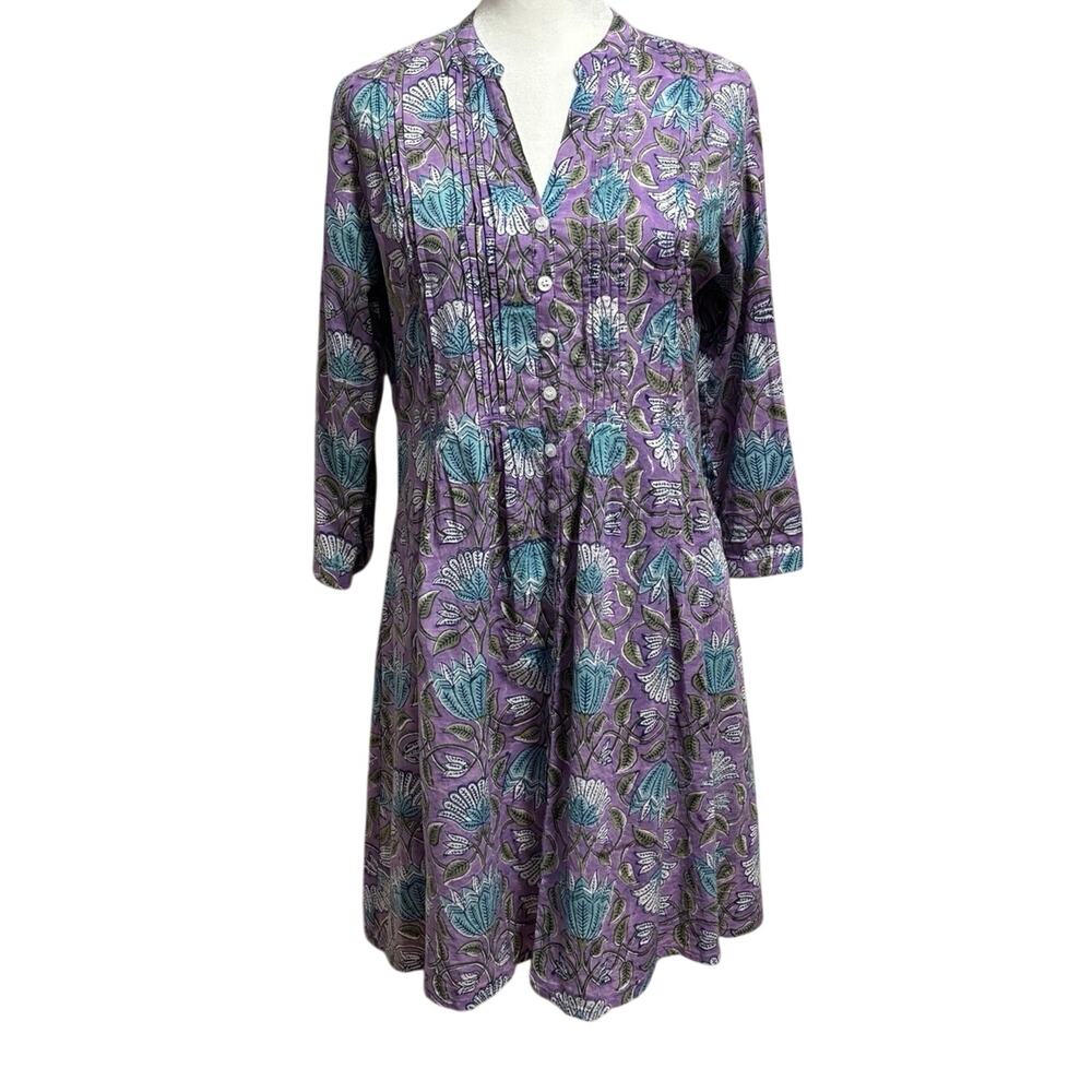 Madison Mathews Size S Mini Shirt Dress V Neck Floral Block Print 100% Cotton